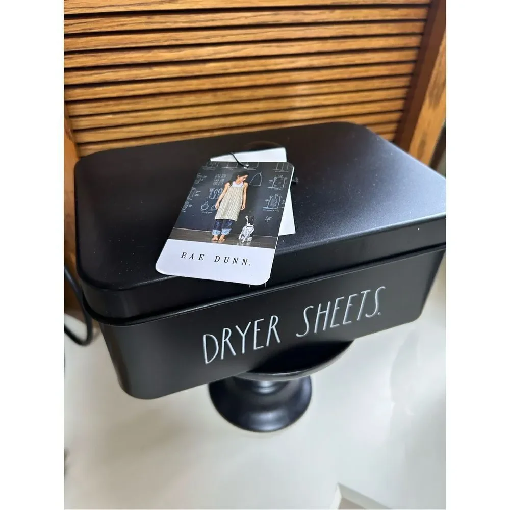 Rae Dunn Black Dryer Sheets Metal tin container Laundry Room Farmhouse Decor